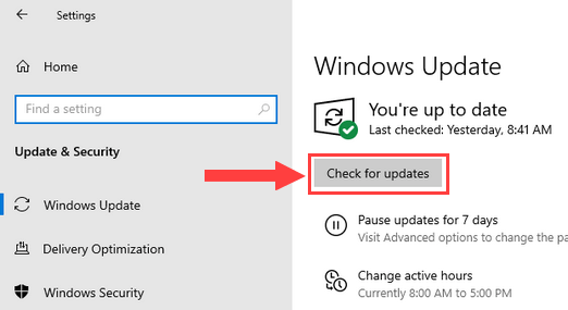 Windows 10 Check for updates button