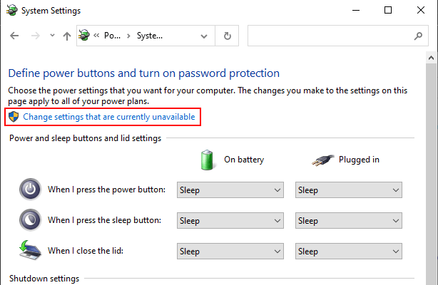 Windows 10 Control Panel Change settings that are currently unavailable