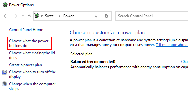 Windows 10 Control Panel Choose what the power buttons do