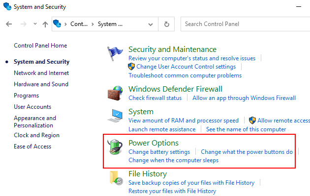 Windows 10 Control Panel Power Options