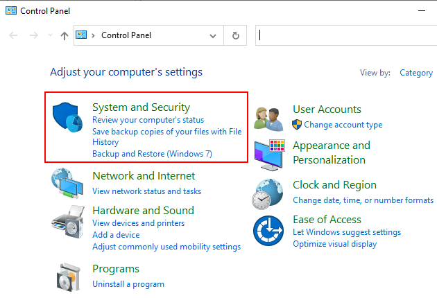 Windows 10 Control Panel System and Security