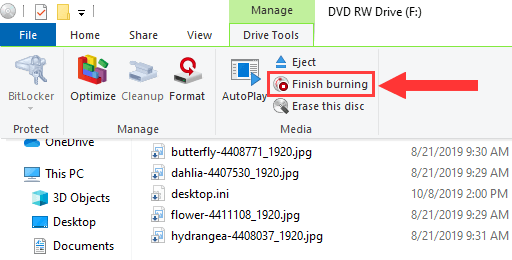 Windows 10 Drive Tools Finish burning