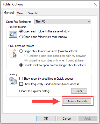windows 10 file explorer folder options restore defaults button