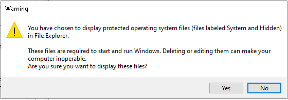 Windows 10 Hide protected operating system files option warning