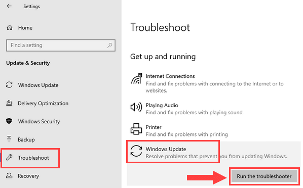 Windows 10 Run the troubleshooter button