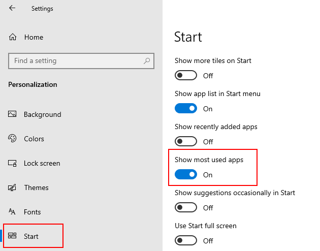 Windows 10 Show most used apps setting