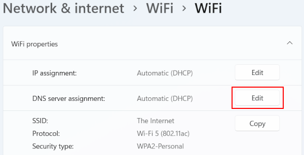 Windows 11 DNS server assignment settings