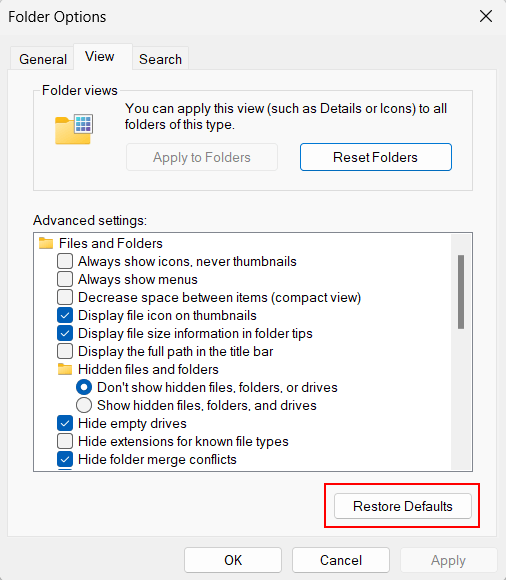 Windows 11 File Explorer Folder Options Restore Defaults button