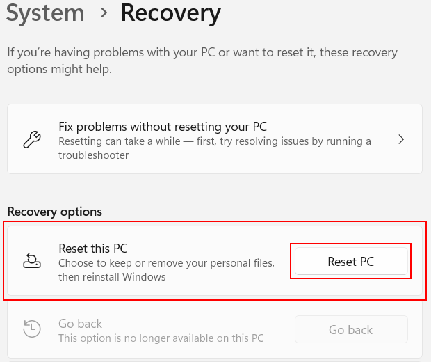 Windows 11 Reset PC option