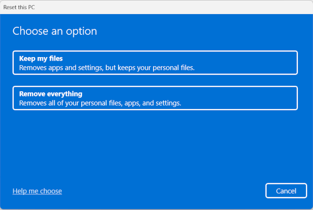 Windows 11 Reset PC options