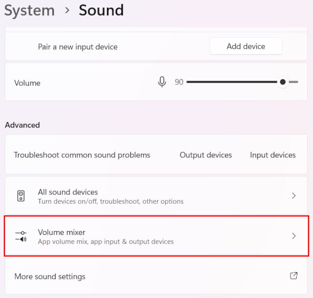 Windows 11 volume mixer