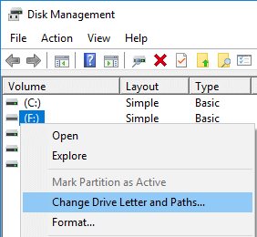 windows disk management change drive letter and paths option