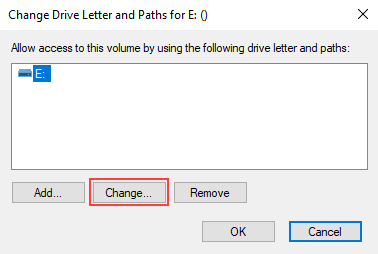 Windows Disk Management Change Drive Letter and Paths window