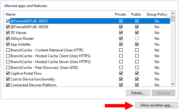 Windows Firewall Allow another app button