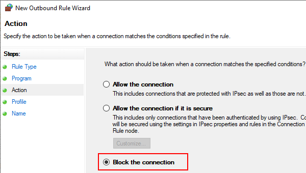 Windows Firewall Block the connection option