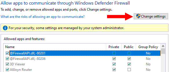 Windows Firewall Change settings button