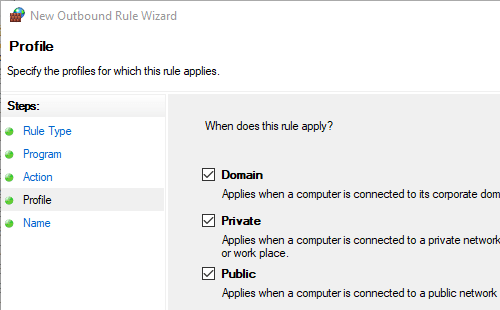 Windows Firewall Domain Private and Public options