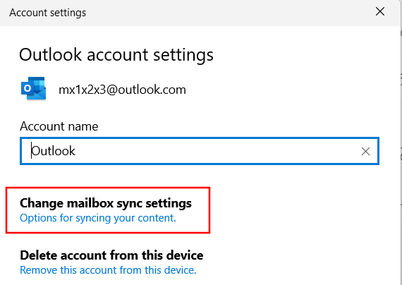 Windows Mail app account settings