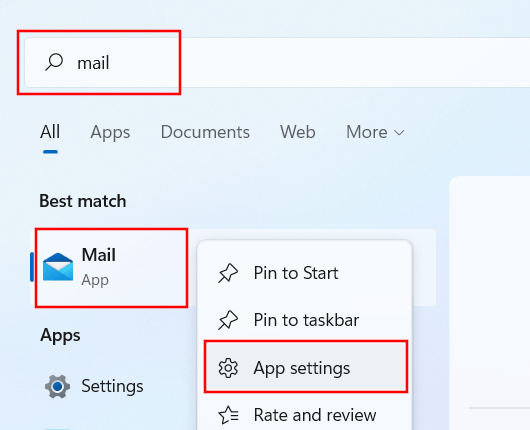 Windows Mail app app settings