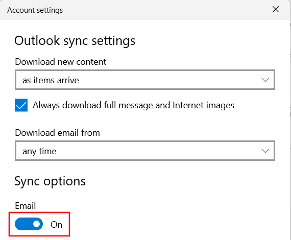 Windows Mail app sync options