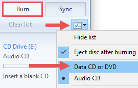 windows media player 12 burn options