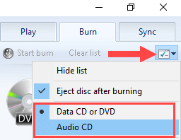 Opções de queimadura do Windows Media Player