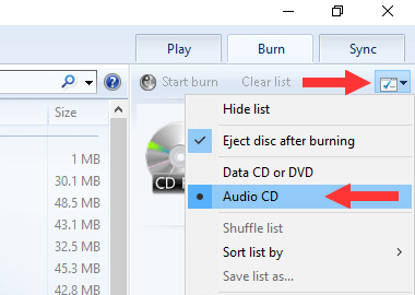 Windows Media Player burn options Audio CD