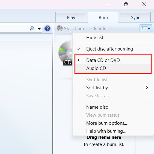 Windows Media Player Burn options menu