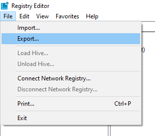 Windows Registry Editor Export option