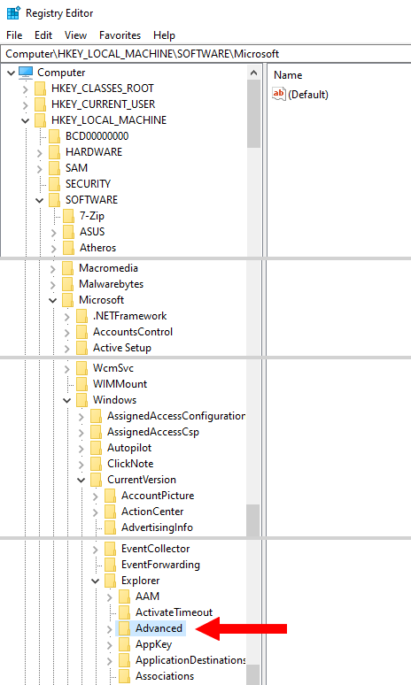 Windows Registry path HKEY_LOCAL_MACHINE/SOFTWARE/Microsoft/Windows/CurrentVersion/Explorer/Advanced