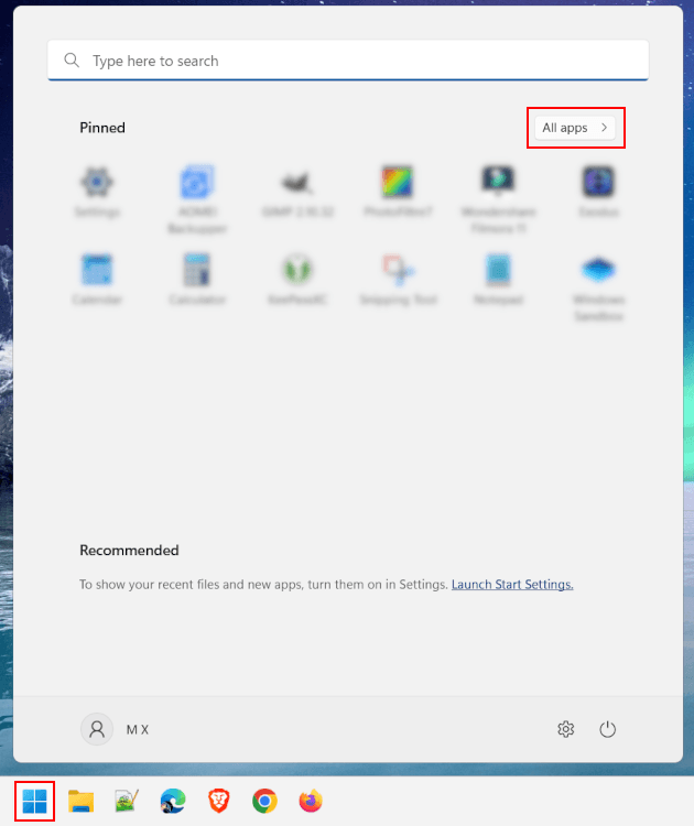 Windows start menu all apps list