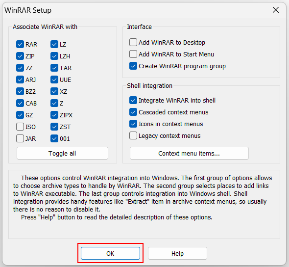 Options d'installation de WinRAR