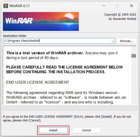 Fenêtre d'installation de WinRAR