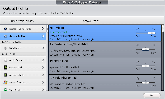 WinX Output Profile window