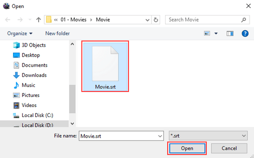WinX Video Converter open srt subtitle file window