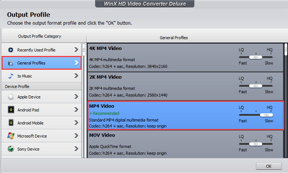 WinX Video Converter Output profile window