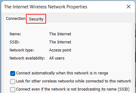 Wireless Properties Security tab