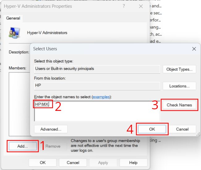 Add a user to the Hyper-V administrators group using Windows Computer Management