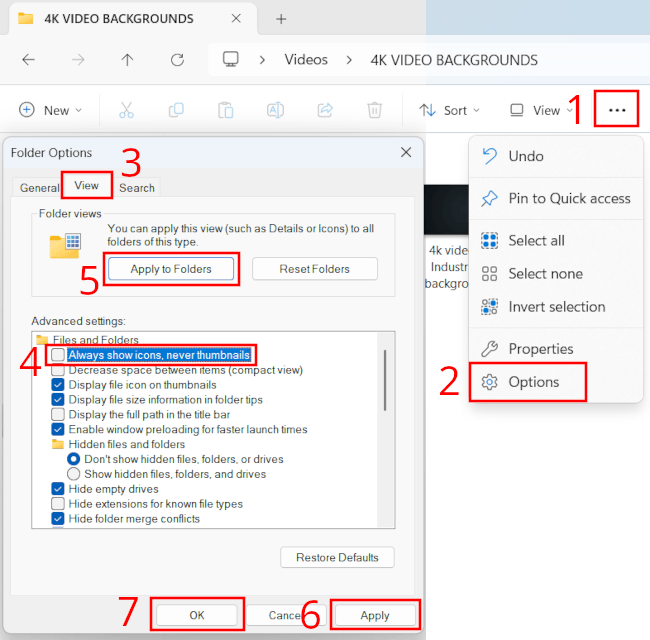 Always show icons, never thumbnails setting in Windows File Explorer