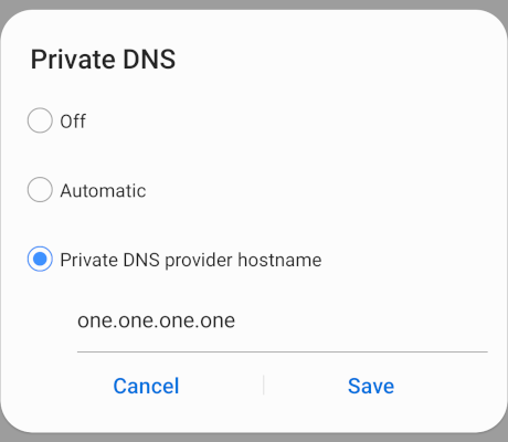 Setting the Private DNS provider hostname to Cloudflare on an Android device