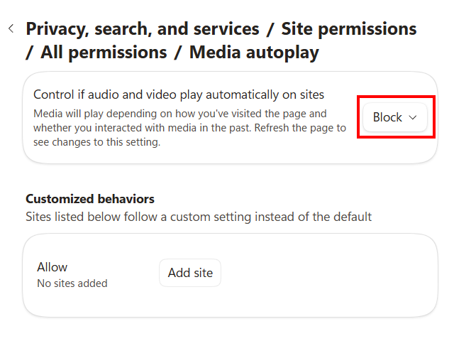 Block media autoplay in Microsoft Edge