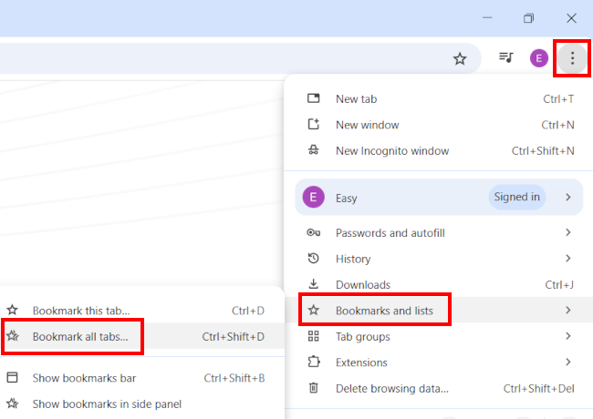 Menu steps for bookmarking all open tabs in Chrome and Brave