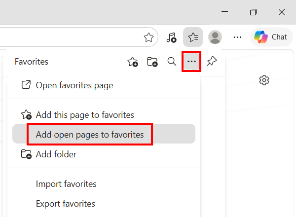 Menu steps for bookmarking all open tabs in Edge