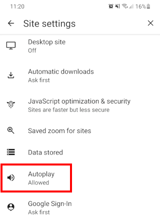 Brave browser for Android autoplay settings