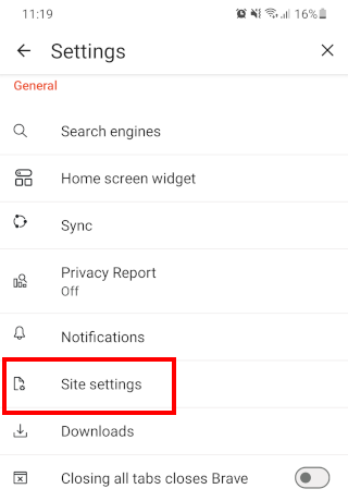 Brave browser for Android site settings