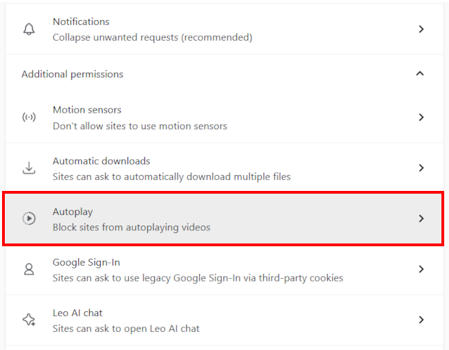 Brave browser Autoplay settings