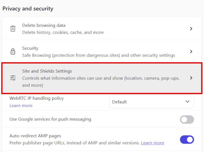 Brave browser Site and Shields Settings