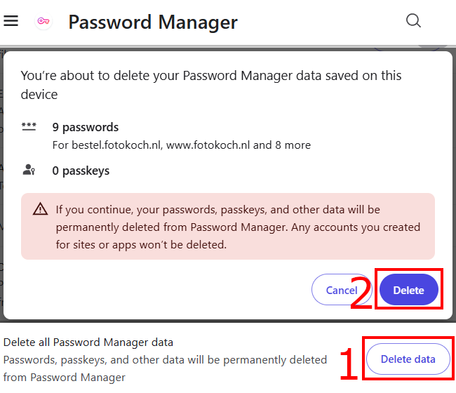 Brave Browser Password Manager settings dashboard with the permanent Delete Data utility highlighted