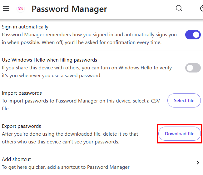 Brave Browser Password Manager settings menu showing the Export Passwords utility and its Download file button.