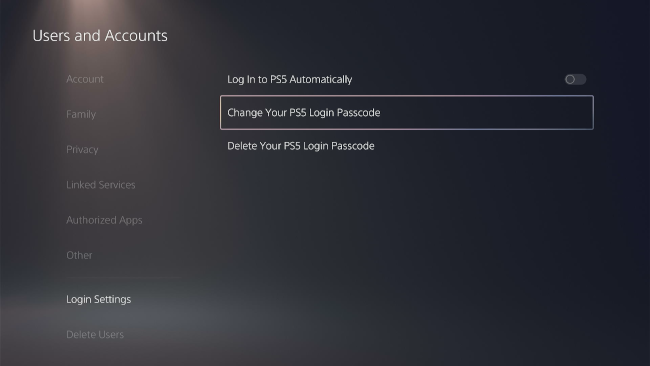 The Users and Accounts screen on PlayStation 5 showing the Change Your PS5 Login Passcode setting.